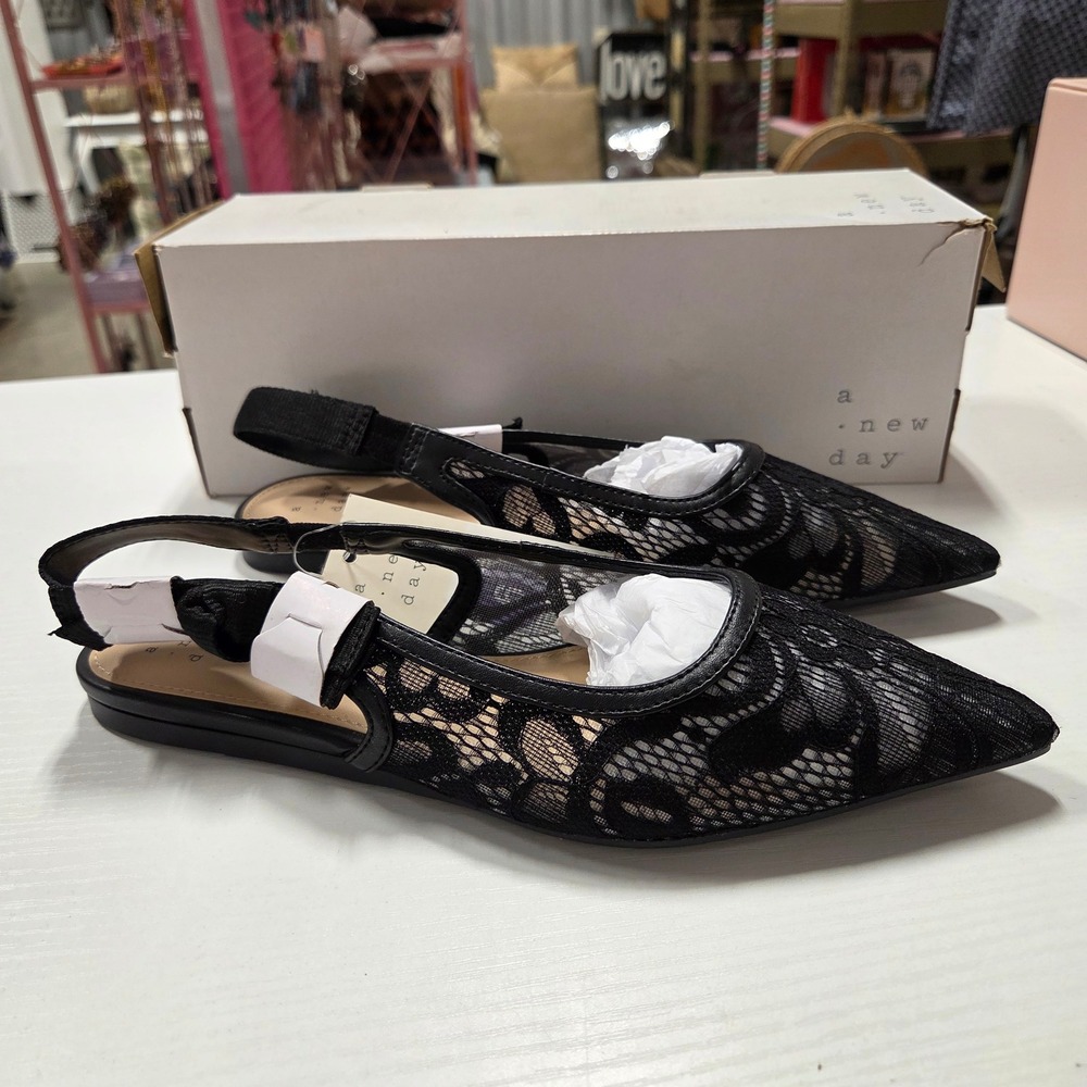 A New Day London Black Lace Slingback Pointed Toe Flats Shoes Womens 6 NEW